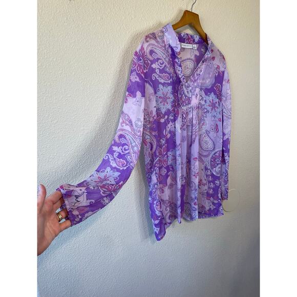 Susan Garver Paisley Floral Boho Purple Pleated Long Sleeve Tunic Blouse Medium - Picture 11 of 12